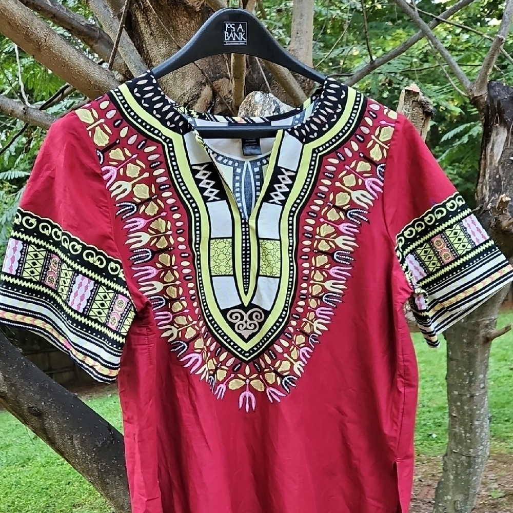 Ashley Stewart Plus Size 14/16 Cotton  Print Multicolor Dashiki Short Sleeve Top